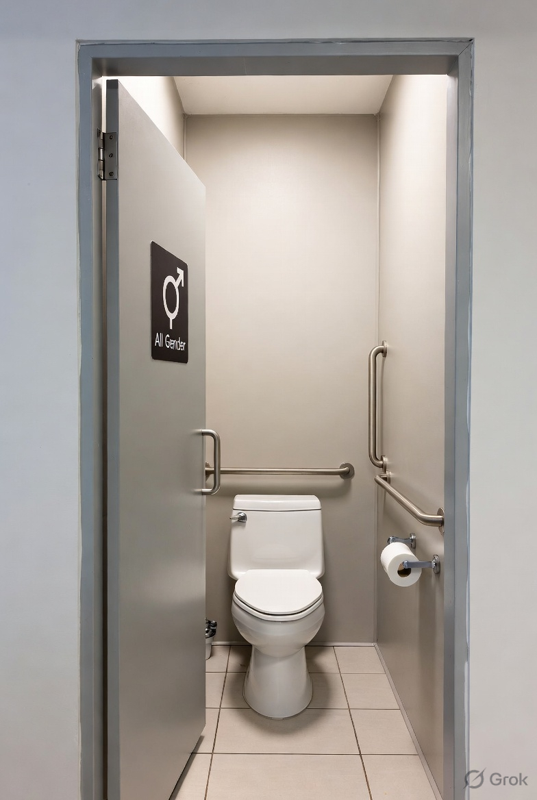 Inclusive single-occupant all-gender sanitary compartment with privacy and accessibility features